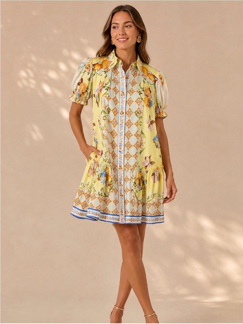 Hunter Bell Drifter Mini Dress Gasparilla Gardens Floral  Citrus Yellow Orange
